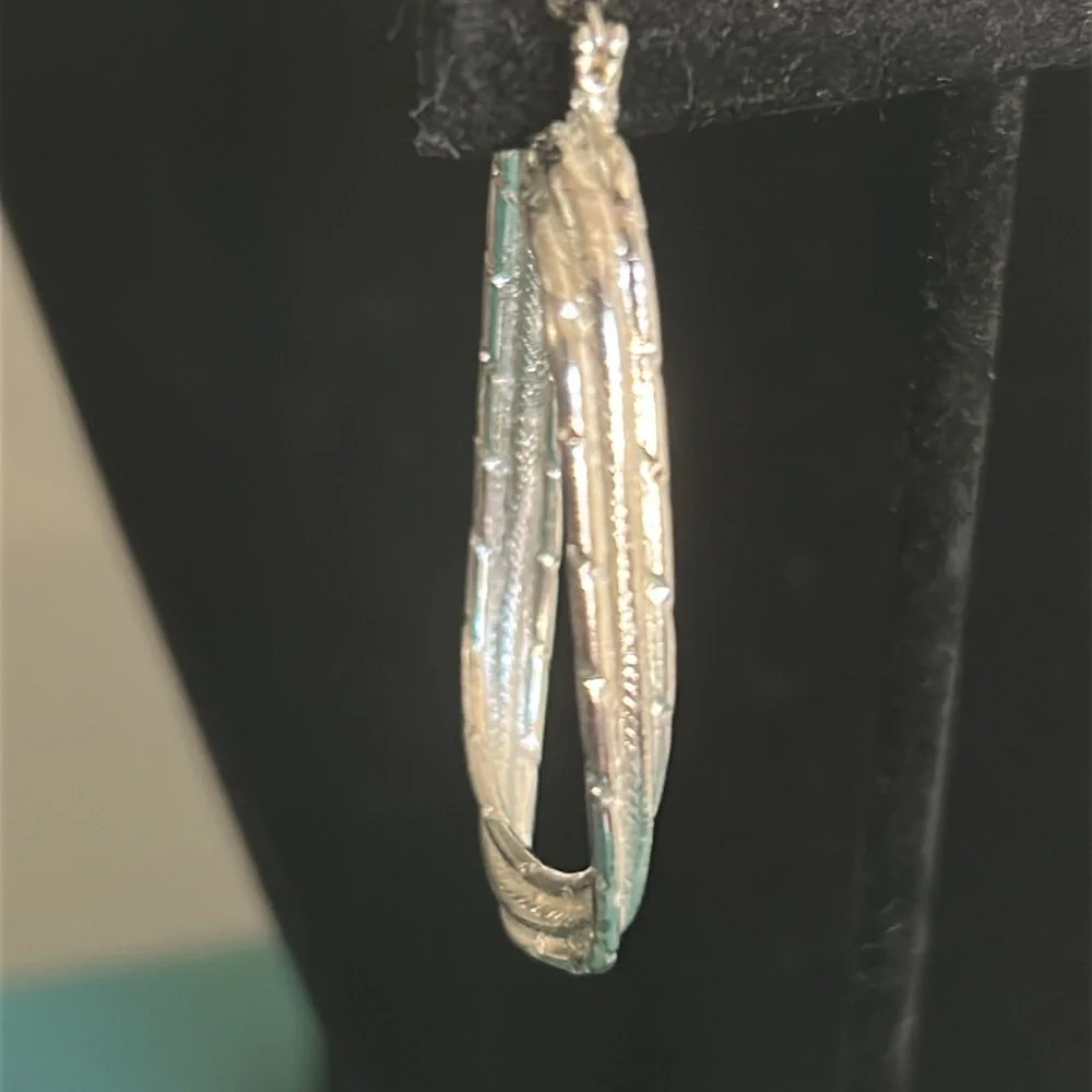 New Pair Sterling Silver Etched Abstract Oblong Hoop Earrings